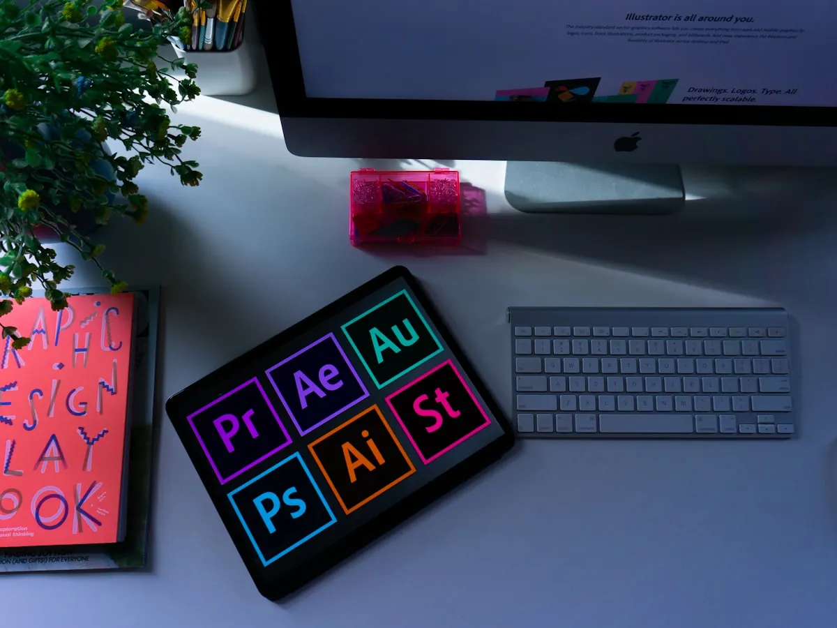 A creative design workspace with a tablet showing design-app icons and a graphic design book