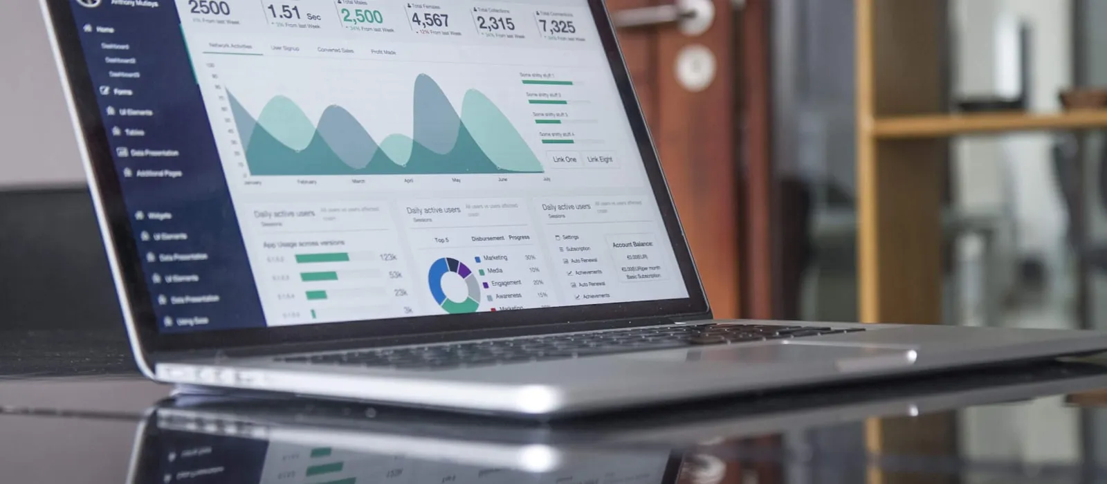 Laptop showing a web analytics dashboard with charts