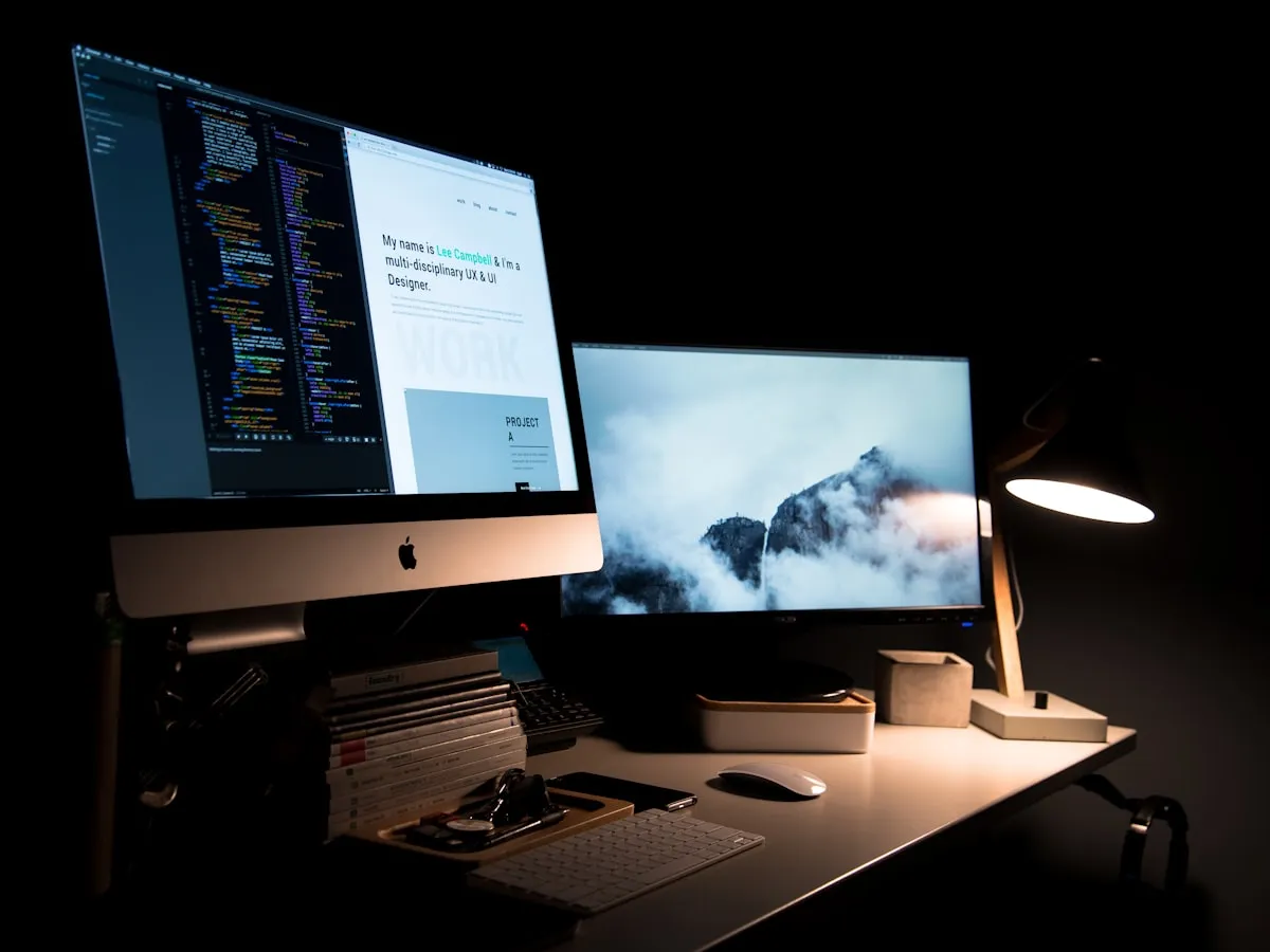 A designer's desk with a website landing page layout shown on a desktop screen
